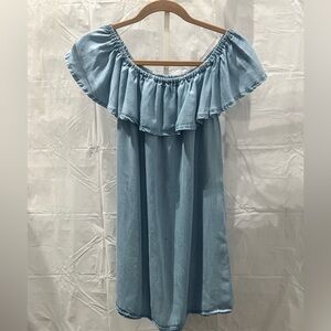 Lulu's Dusty Blue Off-Shoulder Ruffle Dress